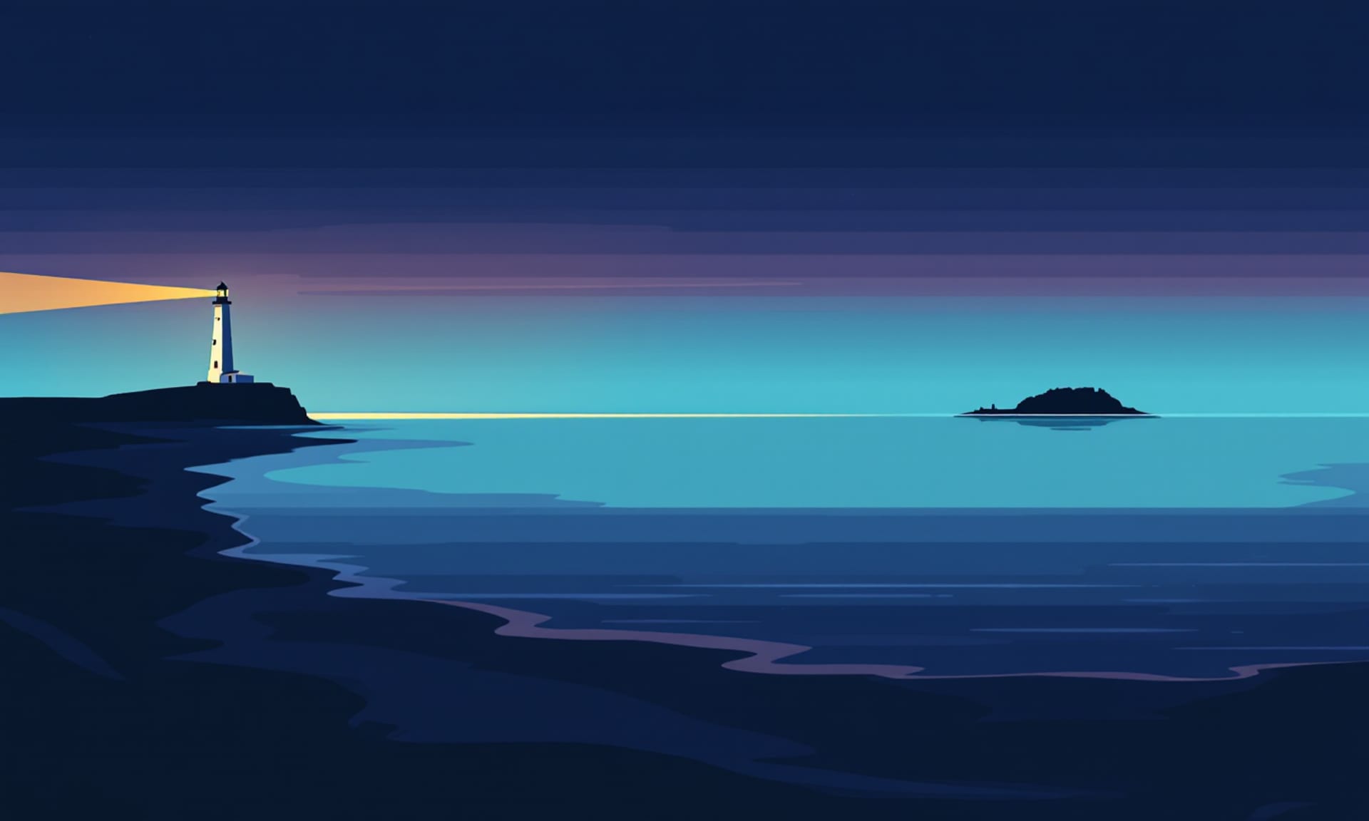 A lighthouse on a low headland at dusk, its beam over a calm sea with an island on the horizon.