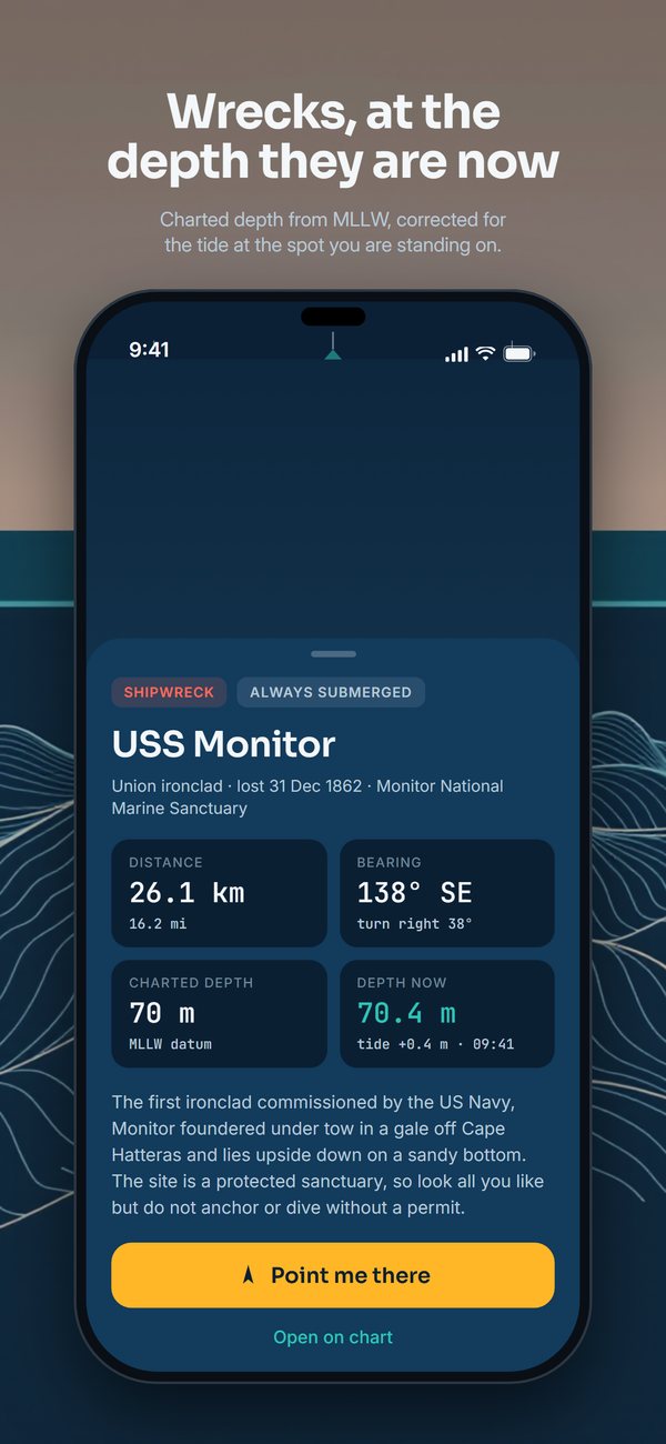 The detail card for USS Monitor, with distance, bearing, charted depth and depth now.