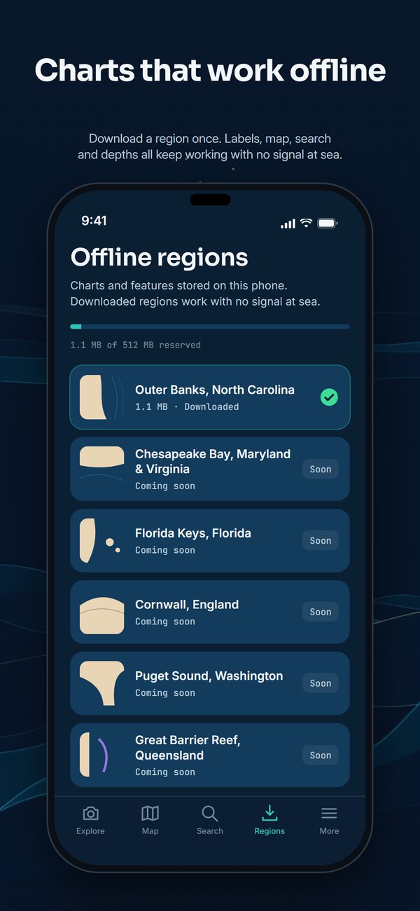 The Regions screen, with the Outer Banks downloaded and stored on the phone.