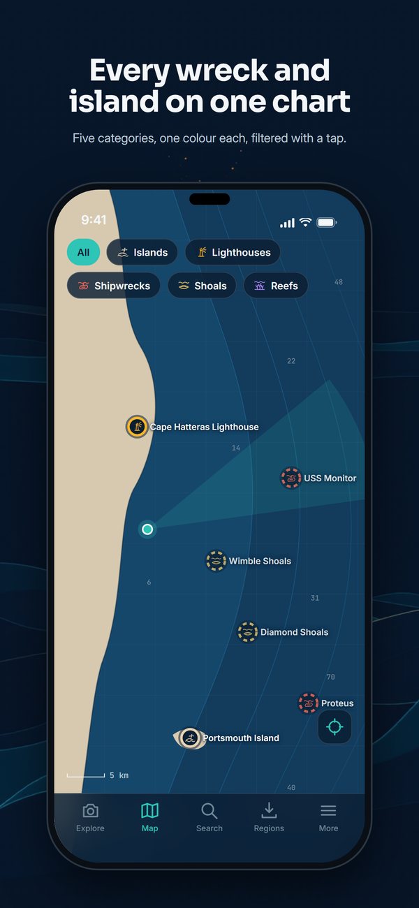 The map around Cape Hatteras, with wrecks, shoals and islands marked and category filters along the top.